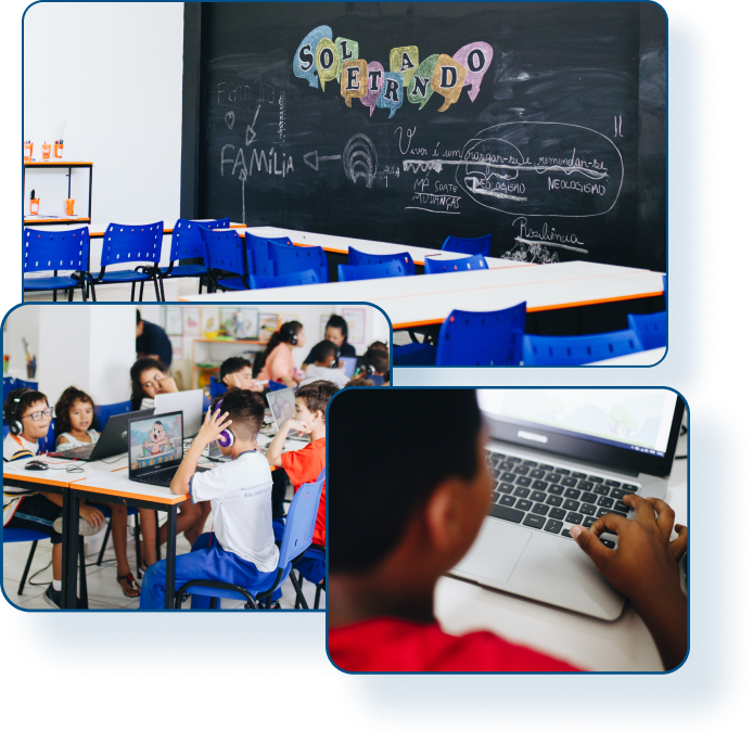 Três imagens: uma criança usando um computador, várias crianças em uma sala de aula com notebooks, e uma sala de aula vazia com carteiras e cadeiras organizadas.