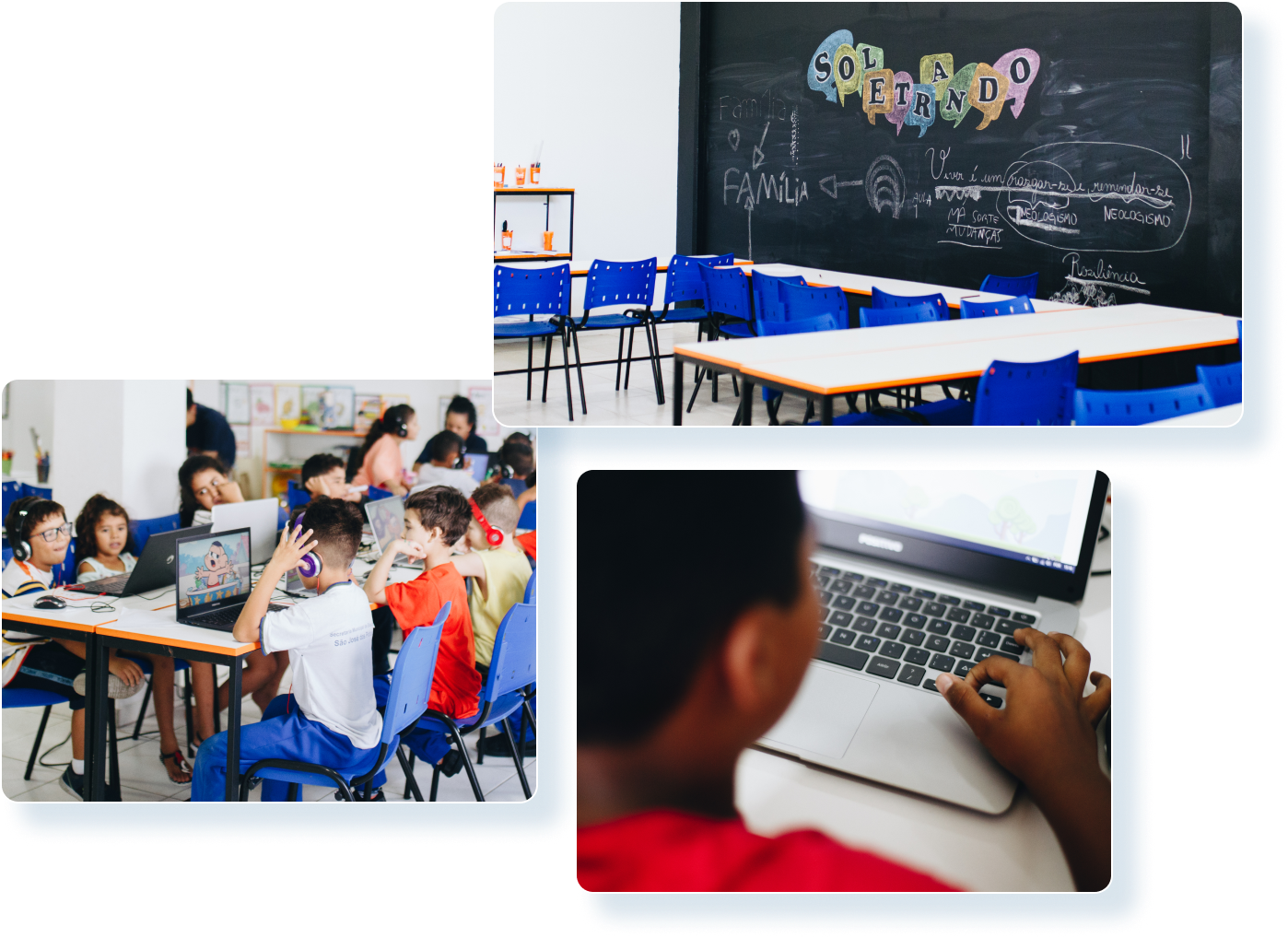 Três imagens: uma criança usando um computador, várias crianças em uma sala de aula com notebooks, e uma sala de aula vazia com carteiras e cadeiras organizadas.